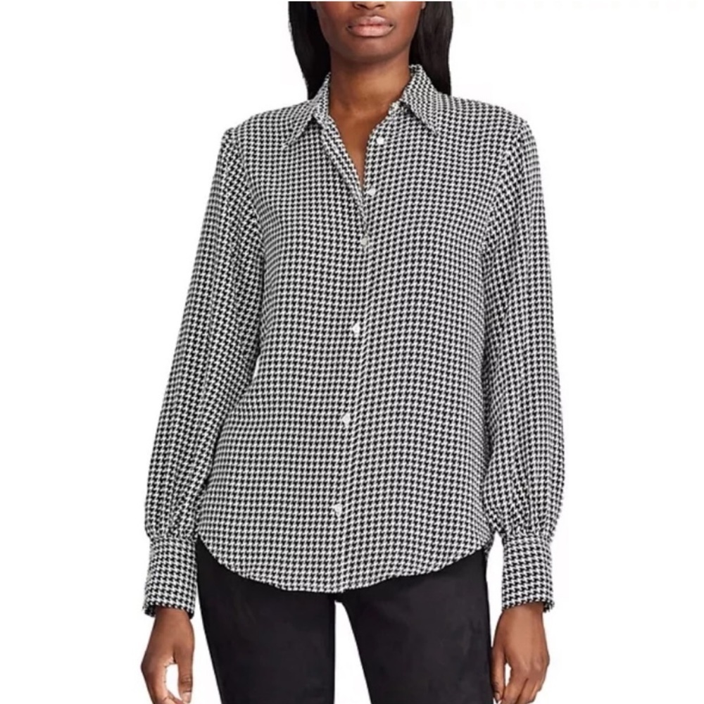 Chaps Houndstooth Long Sleeve Collared Career Office Button Up Blouse